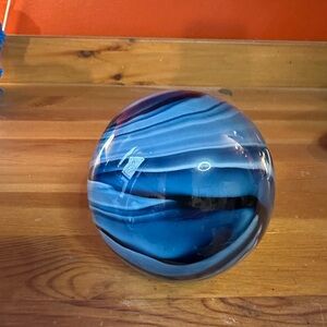 Blue and White Glass Art Sphere - swirling shades of blues with white